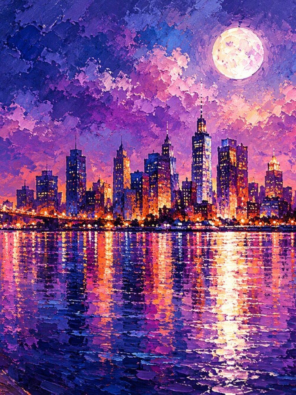 Violet & Amber NYC Skyline Art Print 36x24 Brooklyn Bridge Moon